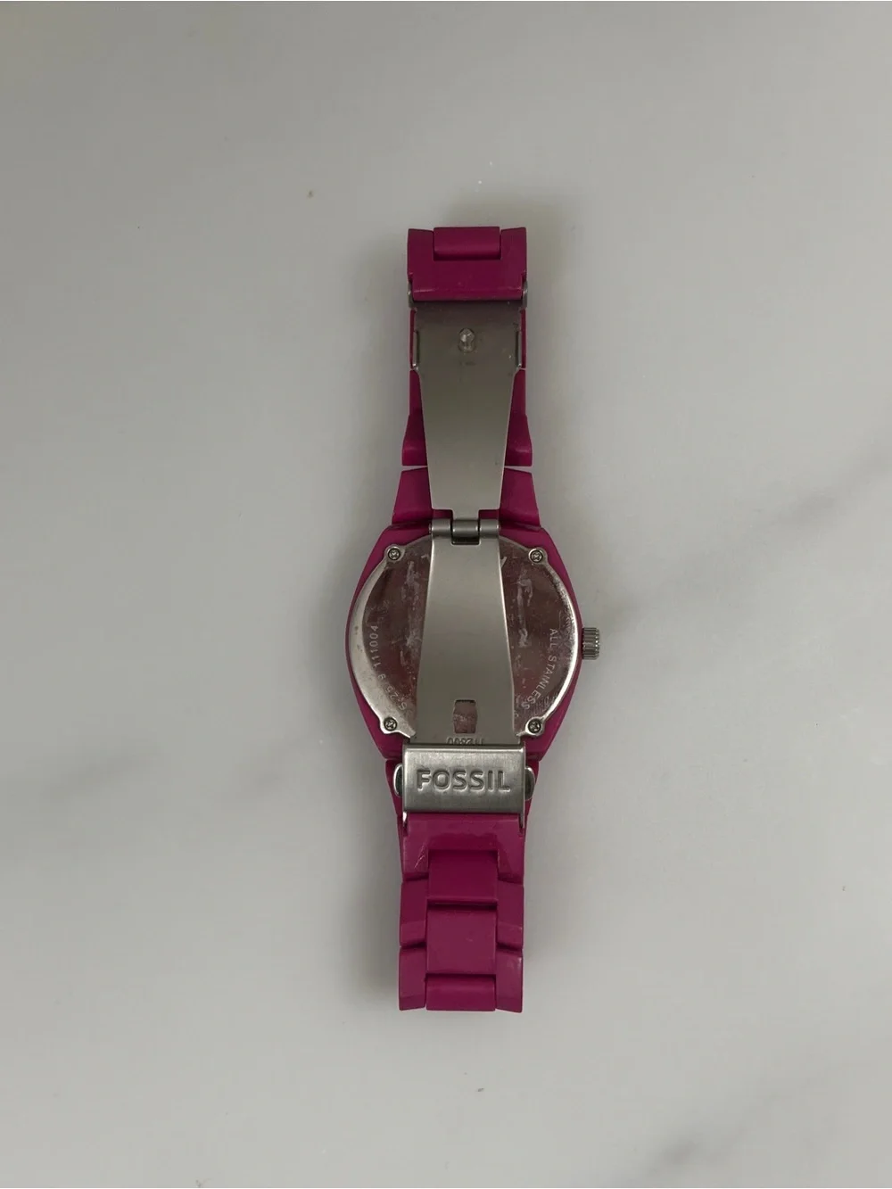 Fossil Magenta Silicone Link Watch with Silver Bezel